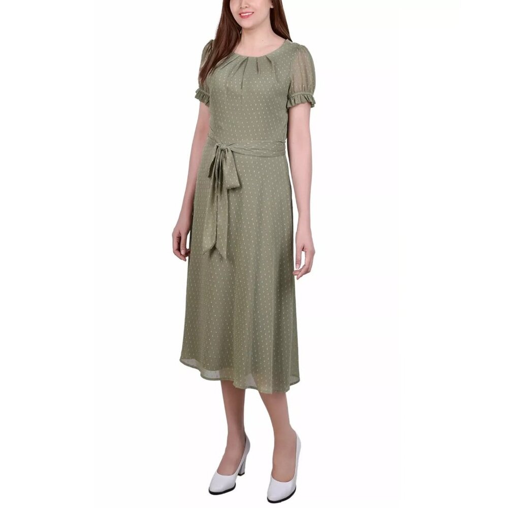 NY Collection Dress Women Petite Size PXL Green Dot Belted Midi Chiffon Lined$52